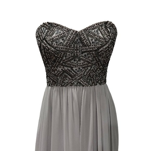 NEW Decode 1.8 Grey Sweetheart Beaded Bodice Long Strapless Chiffon Gown - Picture 4 of 8